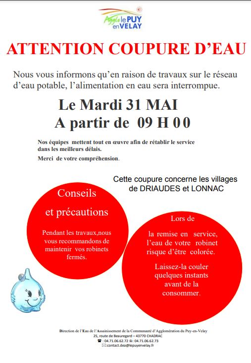 Coupure d'eau Lonnac & Driaudes