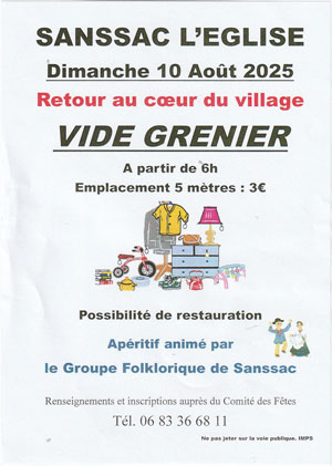 Vide Grenier Dimanche 10 Août.